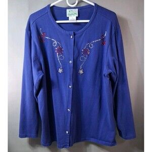 VTG Quacker Factory Patriotic Rhinestone Cardigan 1X Blue Nautical Fireworks USA
